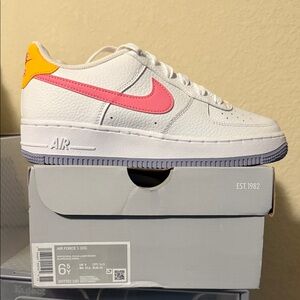 Nike Air Force 1 Low White with Pink Swoosh and Yellow Heel
